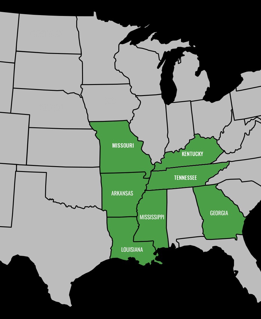 Coverage map: Missouri, Arkansas, Louisiana, Mississippi, Kentucky, Tennessee and Georgia